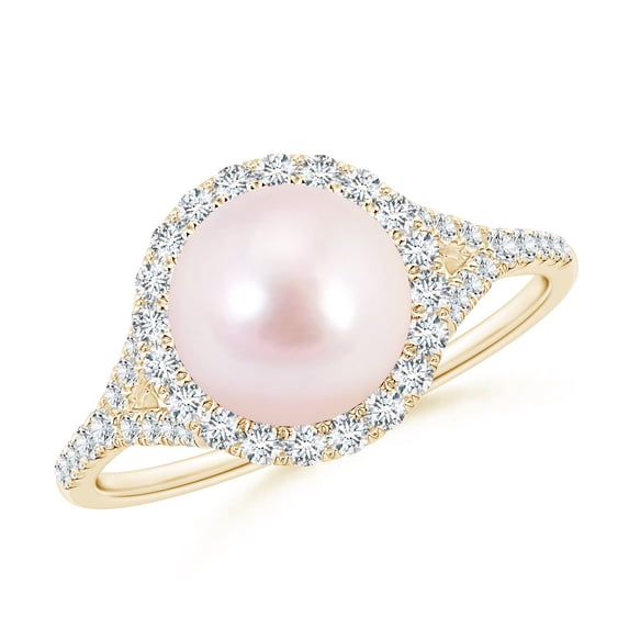 ANGARA Japanese Akoya Cultured Pearl Split Shank Ring with Halo in 14K Yellow Gold for Women | June Birthstone, Birthday, Anniversary, Jewelry Gift for Women | Pearl Ring
