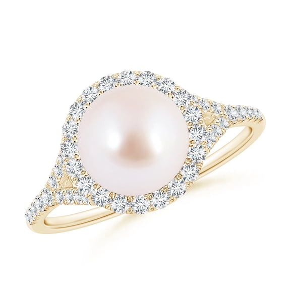 ANGARA Japanese Akoya Cultured Pearl Split Shank Ring with Halo in 14K Yellow Gold for Women | June Birthstone, Birthday, Anniversary, Jewelry Gift for Women | Pearl Ring