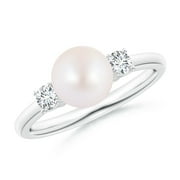 Angara Japanese Akoya Cultured Pearl Three Stone Ring with Diamonds in 14K White Gold for Women | June Birthstone Jewelry for Her