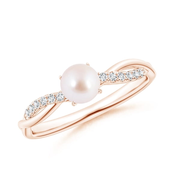Angara Japanese Akoya Cultured Pearl Twist Shank Ring with Diamonds in 14K Rose Gold for Women | June Birthstone Jewelry for Her