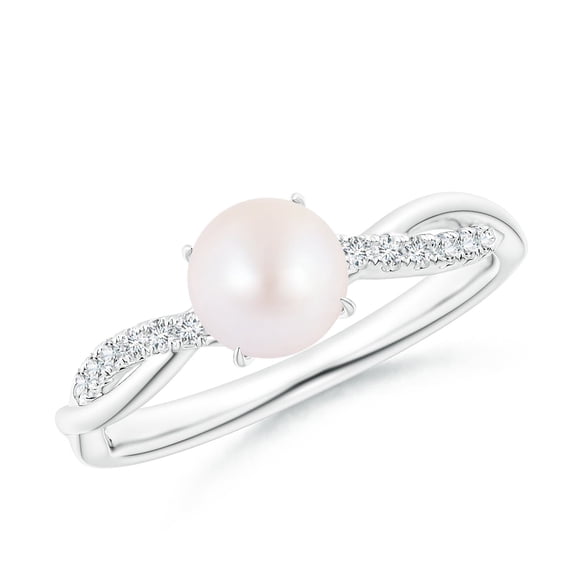 Angara Japanese Akoya Cultured Pearl Twist Shank Ring with Diamonds in 14K White Gold for Women | June Birthstone Jewelry for Her