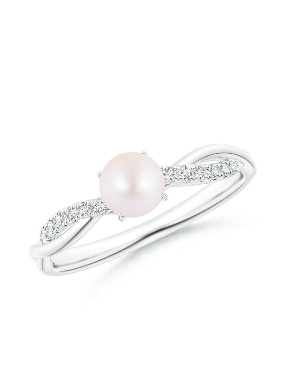 Japanese Akoya Cultured Pearl Twist Shank Ring with Diamonds in 14K White Gold for Women | June Birthstone, Birthday, Anniversary, Jewelry Gift for Women | Pearl Ring