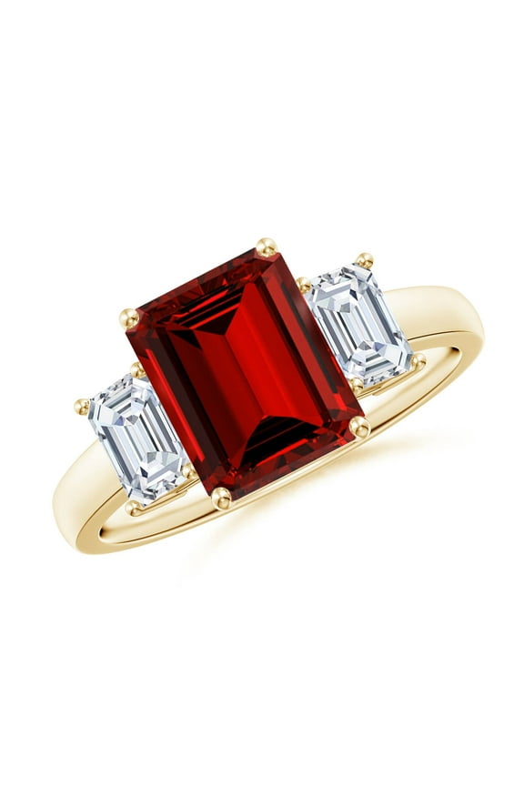 Lab Grown Ruby Engagement Ring with Diamond in 14K Yellow Gold for Women (Size-9x7mm) – July Birthstone Jewelry | Three Stone Emerald cut Lab Ruby Ring (Ring Size - 6)