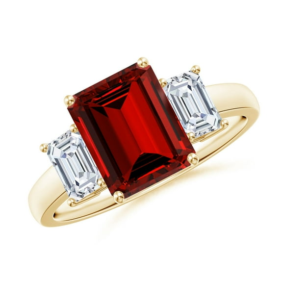 Angara Lab Grown Ruby Engagement Ring with Diamond in 14K Yellow Gold for Women (Size-9x7mm) – July Birthstone Jewelry | Three Stone Emerald cut Lab Ruby Ring (Ring Size - 6)