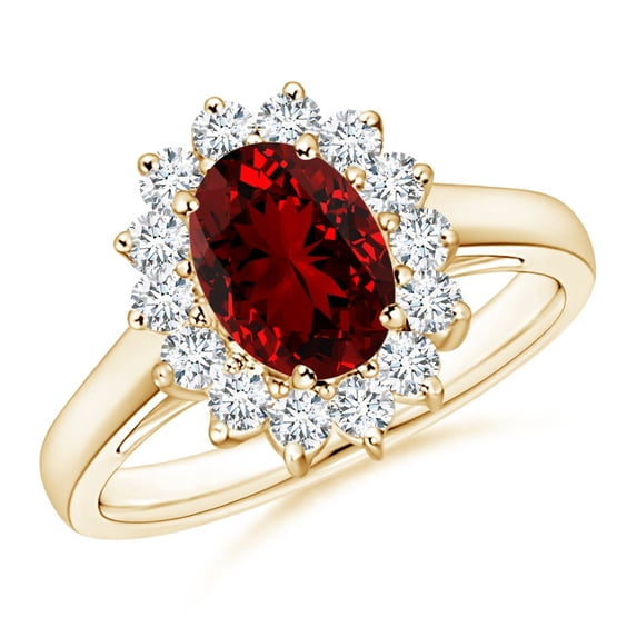 Angara Lab Grown Ruby Ring with Lab Diamond Halo in 14K Yellow Gold for Women (Size-8x6mm) | Princess Diana Lab Created Ruby Ring (Ring Size - 9.5)
