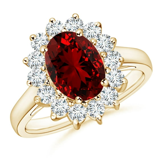 Angara Lab Grown Ruby Ring with Lab Diamond Halo in 14K Yellow Gold for Women (Size-9x7mm) | Princess Diana Lab Created Ruby Ring (Ring Size - 12)