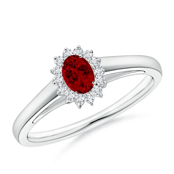 Angara Lab Grown Ruby Ring with Lab Diamond Halo in Platinum for Women (Size-5x3mm) | Princess Diana Lab Created Ruby Ring (Ring Size - 7.5)