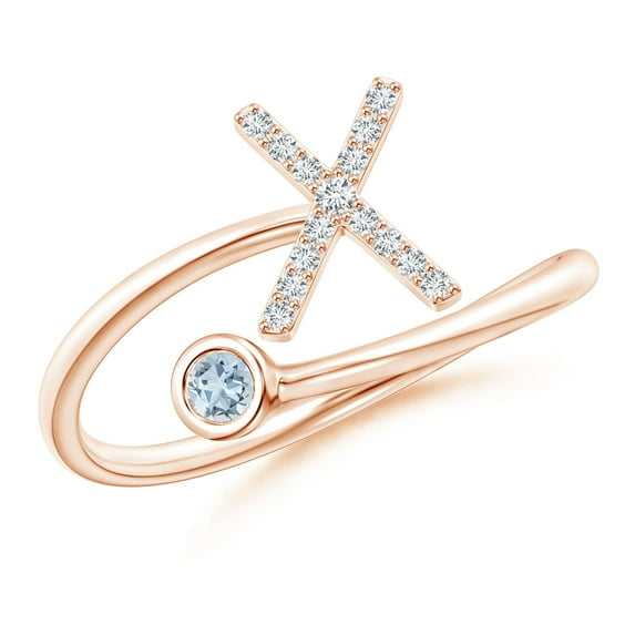 ANGARA Natural Capital "X" Diamond Initial Ring with Bezel-Set Aquamarine in 14K Rose Gold for Women (Size-2.5mm) | March Birthstone, Anniversary, Jewelry Gift for Women | Natural Aquamarine Ring