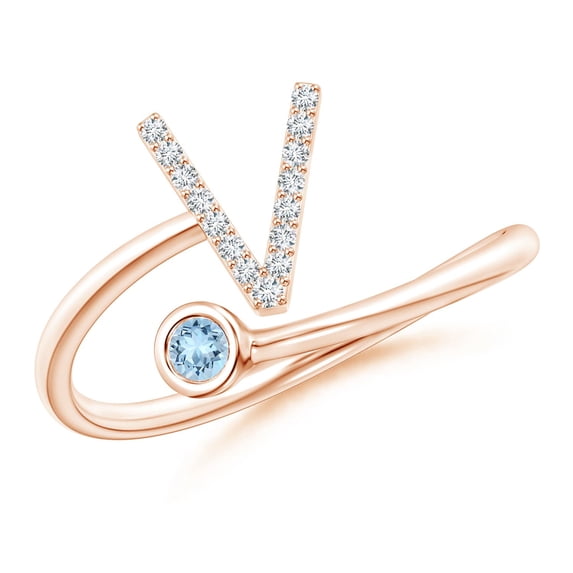 ANGARA Natural Capital "V" Diamond Initial Ring with Bezel-Set Aquamarine in 14K Rose Gold for Women (Size-2.5mm) | March Birthstone, Anniversary, Jewelry Gift for Women | Natural Aquamarine Ring