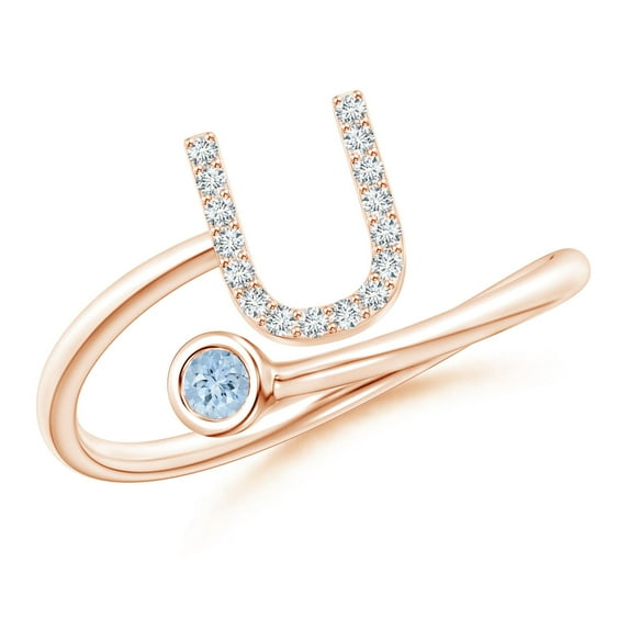ANGARA Natural Capital "U" Diamond Initial Ring with Bezel-Set Aquamarine in 14K Rose Gold for Women (Size-2.5mm) | March Birthstone, Anniversary, Jewelry Gift for Women | Natural Aquamarine Ring