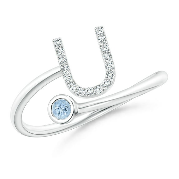 ANGARA Natural Capital "U" Diamond Initial Ring with Bezel-Set Aquamarine in 14K White Gold for Women (Size-2.5mm) | March Birthstone, Anniversary, Jewelry Gift for Women | Natural Aquamarine Ring