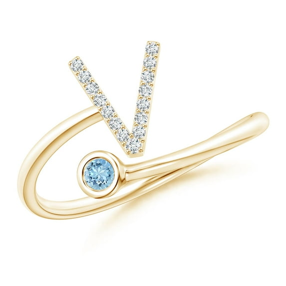 ANGARA Natural Capital "V" Diamond Initial Ring with Bezel-Set Aquamarine in 14K Yellow Gold for Women (Size-2.5mm) | March Birthstone, Anniversary, Jewelry Gift for Women | Natural Aquamarine Ring