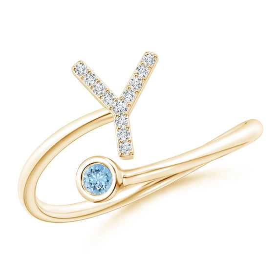 ANGARA Natural Capital "Y" Diamond Initial Ring with Bezel-Set Aquamarine in 14K Yellow Gold for Women (Size-2.5mm) | March Birthstone, Anniversary, Jewelry Gift for Women | Natural Aquamarine Ring