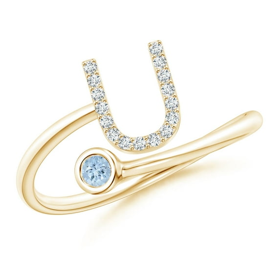 ANGARA Natural Capital "U" Diamond Initial Ring with Bezel-Set Aquamarine in 14K Yellow Gold for Women (Size-2.5mm) | March Birthstone, Anniversary, Jewelry Gift for Women | Natural Aquamarine Ring