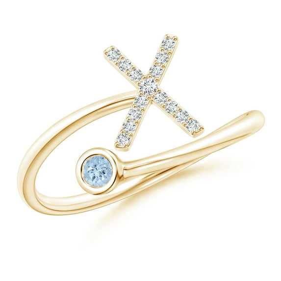ANGARA Natural Capital "X" Diamond Initial Ring with Bezel-Set Aquamarine in 14K Yellow Gold for Women (Size-2.5mm) | March Birthstone, Anniversary, Jewelry Gift for Women | Natural Aquamarine Ring