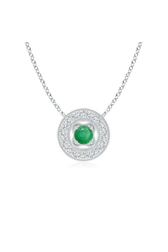 Natural Emerald Halo Pendant with Milgrain Detailing in 925 Sterling Silver for Women (Size-2.5mm) | May Birthstone, Anniversary, Jewelry Gift for Women | Natural Emerald Necklace