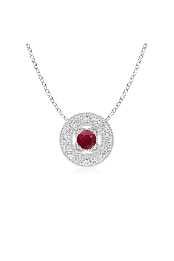 Natural Vintage Style Ruby Halo Pendant with Milgrain Detailing in 925 Sterling Silver for Women (Size-2.5mm) | July Birthstone, Anniversary, Jewelry Gift for Women | Natural Ruby Necklace