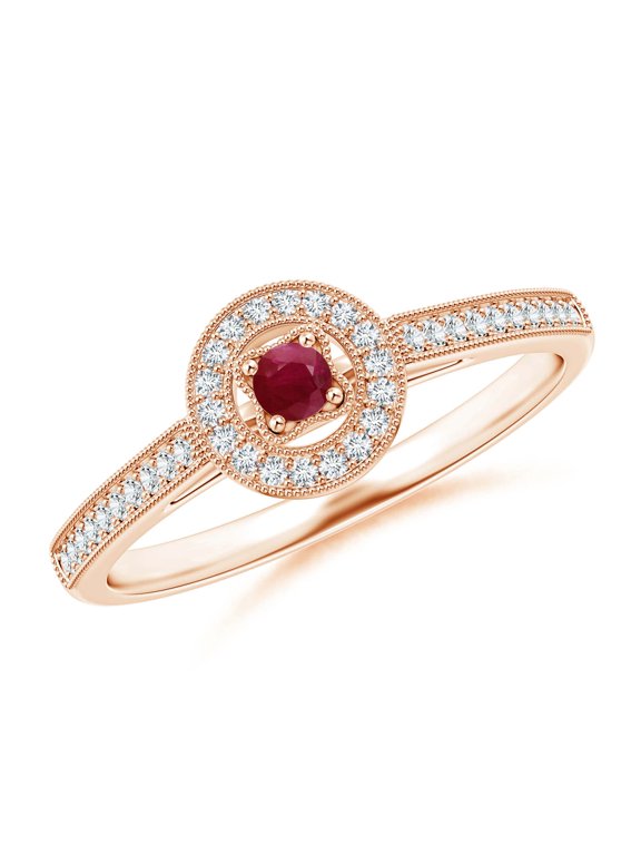 Natural Vintage Style Ruby Halo Ring with Milgrain Detailing in 14K Rose Gold for Women (Size-2.5mm) | July Birthstone, Birthday, Anniversary, Jewelry Gift for Women | Natural Ruby Ring