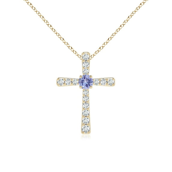 Angara Natural 0.1 Ct. Tanzanite with Diamond Cross Pendant Necklace in 14K Yellow Gold for Women with 18 Inch Cable Chain