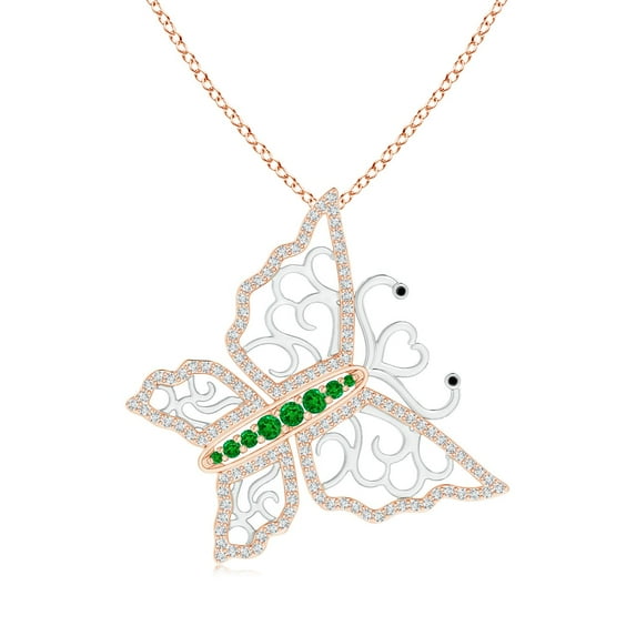 ANGARA Natural Emerald and Diamond Tilted Butterfly Pendant in Two Tone in 14K Rose & White Gold for Women (Size-2mm) | May Birthstone, Anniversary, Jewelry Gift for Women | Natural Emerald Necklace