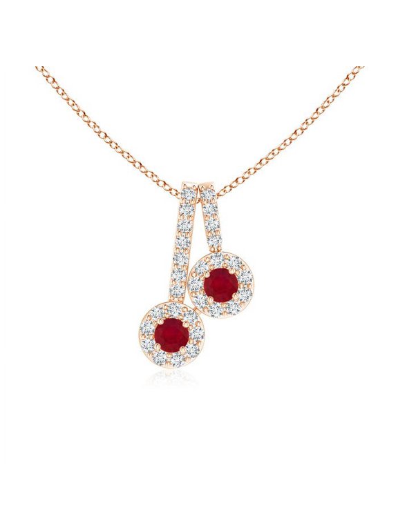 Natural Prong-Set Two Stone Ruby Halo Pendant in 14K Rose Gold for Women (Size-2.3mm) | July Birthstone, Birthday, Anniversary, Jewelry Gift for Women | Natural Ruby Necklace