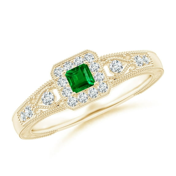 Angara Natural 0.15 Ct. Emerald with Diamond Halo Ring in 14K Yellow Gold for Women (Ring Size: 3)