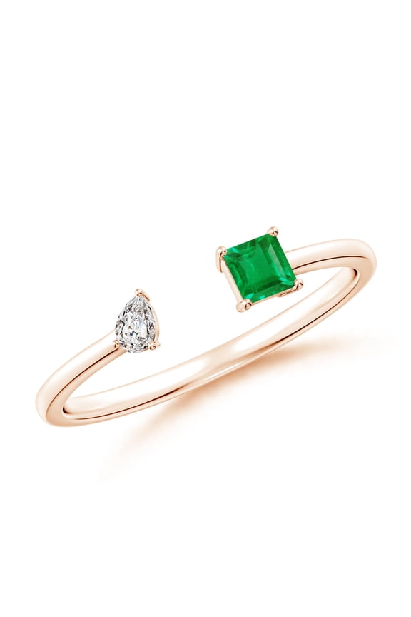 Natural Two-Stone Square Emerald & Pear Diamond Open Ring in 14K Rose Gold for Women (Size-3mm) | May Birthstone, Birthday, Anniversary, Jewelry Gift for Women | Natural Emerald Ring