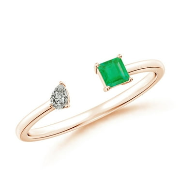 ANGARA Natural Two-Stone Square Emerald & Pear Diamond Open Ring in 14K Rose Gold for Women (Size-3mm) | May Birthstone, Birthday, Anniversary, Jewelry Gift for Women | Natural Emerald Ring