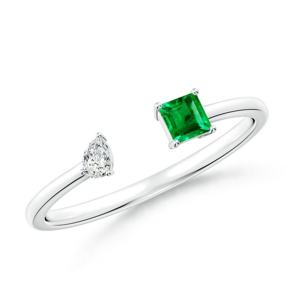 ANGARA Natural Two-Stone Square Emerald & Pear Diamond Open Ring in 925 Sterling Silver for Women (Size-3mm) | May Birthstone, Birthday, Anniversary, Jewelry Gift for Women | Natural Emerald Ring