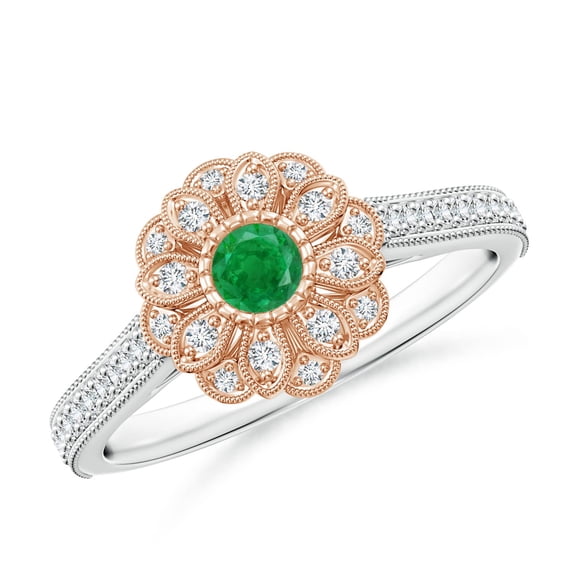 ANGARA Natural Vintage Inspired Emerald Floral Halo Ring with Milgrain in 14K White & Rose Gold for Women (Size-3.5mm) | May Birthstone, Anniversary, Jewelry Gift for Women | Natural Emerald Ring
