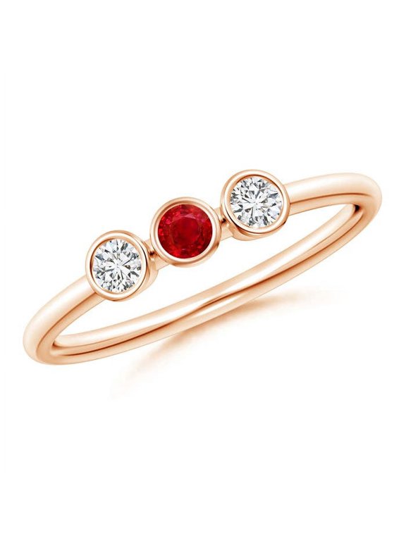 Natural Classic Bezel-Set Ruby and Diamond Three Stone Ring in 14K Rose Gold for Women (Size-3mm) | July Birthstone, Birthday, Anniversary, Jewelry Gift for Women | Natural Ruby Ring