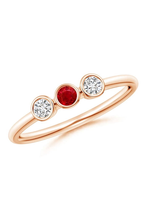 Natural Classic Bezel-Set Ruby and Diamond Three Stone Ring in 14K Rose Gold for Women (Size-3mm) | July Birthstone, Birthday, Anniversary, Jewelry Gift for Women | Natural Ruby Ring