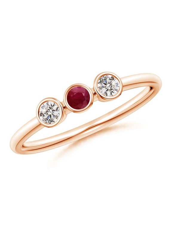 Natural Classic Bezel-Set Ruby and Diamond Three Stone Ring in 14K Rose Gold for Women (Size-3mm) | July Birthstone, Birthday, Anniversary, Jewelry Gift for Women | Natural Ruby Ring