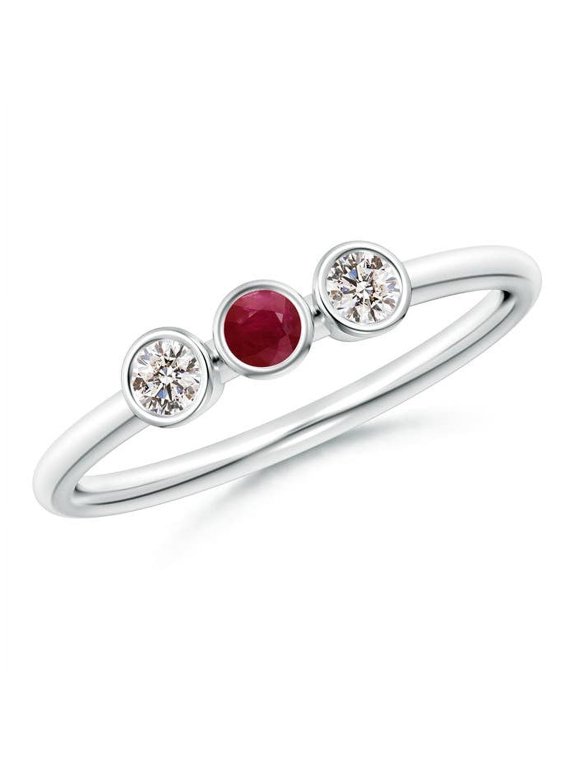 Natural Classic Bezel-Set Ruby and Diamond Three Stone Ring in 14K White Gold for Women (Size-3mm) | July Birthstone, Birthday, Anniversary, Jewelry Gift for Women | Natural Ruby Ring