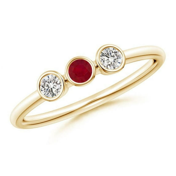 ANGARA Natural Classic Bezel-Set Ruby and Diamond Three Stone Ring in 14K Yellow Gold for Women (Size-3mm) | July Birthstone, Birthday, Anniversary, Jewelry Gift for Women | Natural Ruby Ring