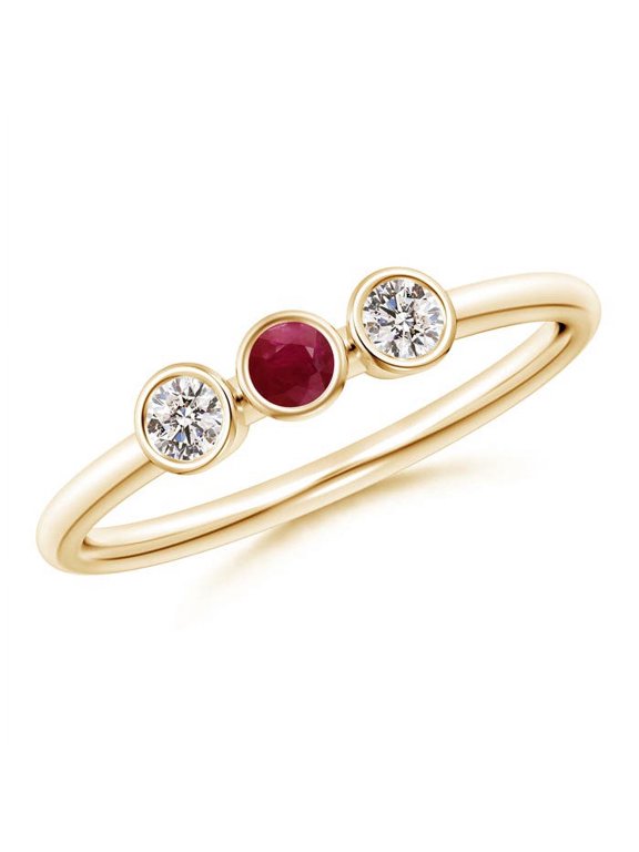 Natural Classic Bezel-Set Ruby and Diamond Three Stone Ring in 14K Yellow Gold for Women (Size-3mm) | July Birthstone, Birthday, Anniversary, Jewelry Gift for Women | Natural Ruby Ring