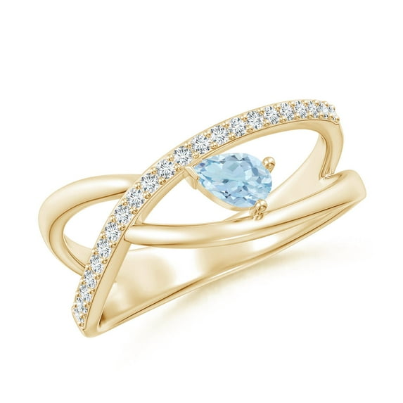 ANGARA Natural Criss Cross Pear Shaped Aquamarine Ring with Diamond Accents in 14K Yellow Gold for Women (Size-5x3mm) | March Birthstone, Anniversary, Jewelry Gift for Women | Natural Aquamarine Ring