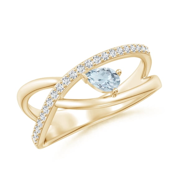 ANGARA Natural Criss Cross Pear Shaped Aquamarine Ring with Diamond Accents in 14K Yellow Gold for Women (Size-5x3mm) | March Birthstone, Anniversary, Jewelry Gift for Women | Natural Aquamarine Ring