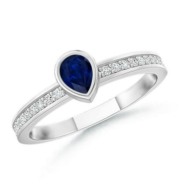 ANGARA Natural Bezel Pear Sapphire Stackable Ring with Diamond Accents in 14K White Gold for Women (Size-4x3mm) | September Birthstone, Anniversary, Jewelry Gift for Women | Natural Sapphire Ring