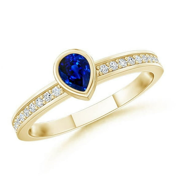 ANGARA Natural Bezel Pear Sapphire Stackable Ring with Diamond Accents in 14K Yellow Gold for Women (Size-4x3mm) | September Birthstone, Anniversary, Jewelry Gift for Women | Natural Sapphire Ring