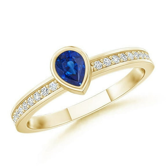 ANGARA Natural Bezel Pear Sapphire Stackable Ring with Diamond Accents in 14K Yellow Gold for Women (Size-4x3mm) | September Birthstone, Anniversary, Jewelry Gift for Women | Natural Sapphire Ring