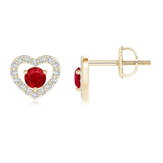 ANGARA Natural Solitaire Ruby Open Heart Studs with Diamonds in 14K Yellow Gold for Women (Size-2.5mm) | July Birthstone, Birthday, Anniversary, Jewelry Gift for Women | Natural Ruby Earrings