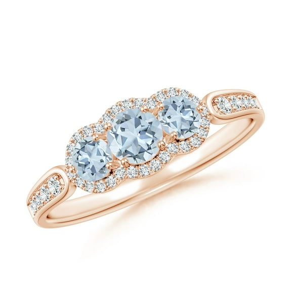ANGARA Natural Floating Three Stone Aquamarine Ring with Diamond Halo in 14K Rose Gold for Women (Size-4mm) | March Birthstone, Birthday, Anniversary, Jewelry Gift for Women | Natural Aquamarine Ring