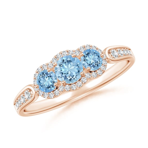 ANGARA Natural Floating Three Stone Aquamarine Ring with Diamond Halo in 14K Rose Gold for Women (Size-4mm) | March Birthstone, Birthday, Anniversary, Jewelry Gift for Women | Natural Aquamarine Ring