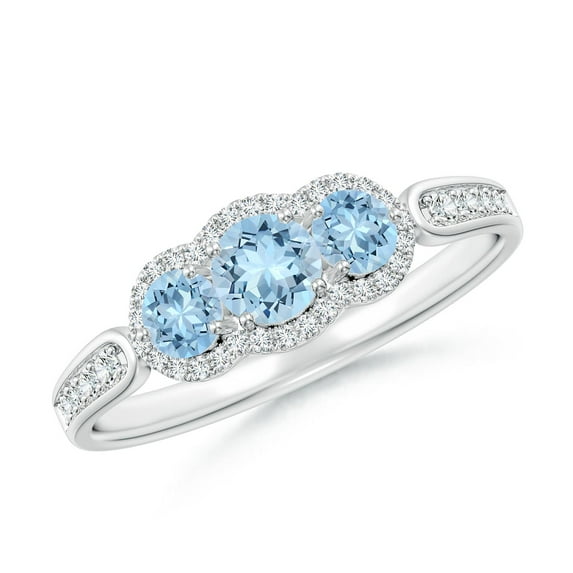 ANGARA Natural Floating Three Stone Aquamarine Ring with Diamond Halo in 14K White Gold for Women (Size-4mm) | March Birthstone, Anniversary, Jewelry Gift for Women | Natural Aquamarine Ring