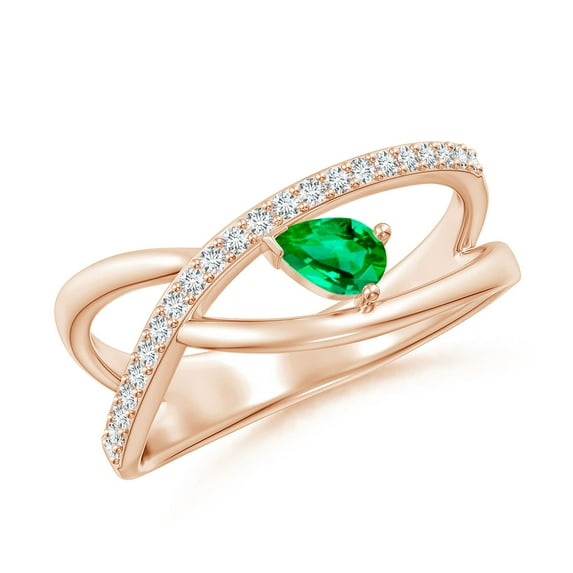 ANGARA Natural Criss Cross Pear Shaped Emerald Ring with Diamond Accents in 14K Rose Gold for Women (Size-5x3mm) | May Birthstone, Birthday, Anniversary, Jewelry Gift for Women | Natural Emerald Ring