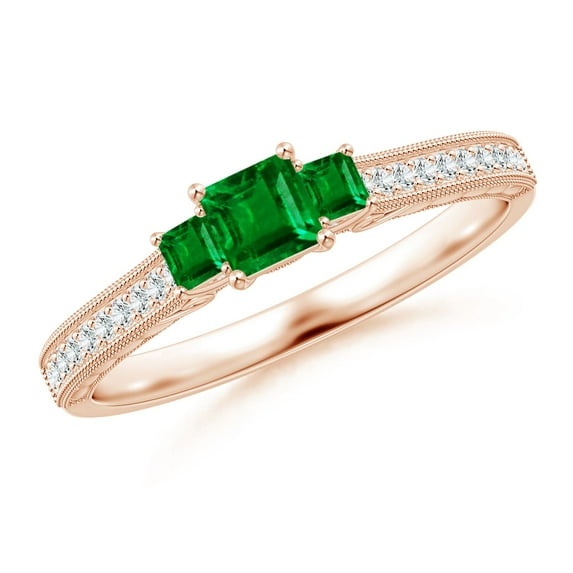 ANGARA Natural Aeon Square Emerald Three Stone Engagement Ring with Milgrain in 14K Rose Gold for Women (Size-3.5mm) | May Birthstone, Anniversary, Jewelry Gift for Women | Natural Emerald Ring