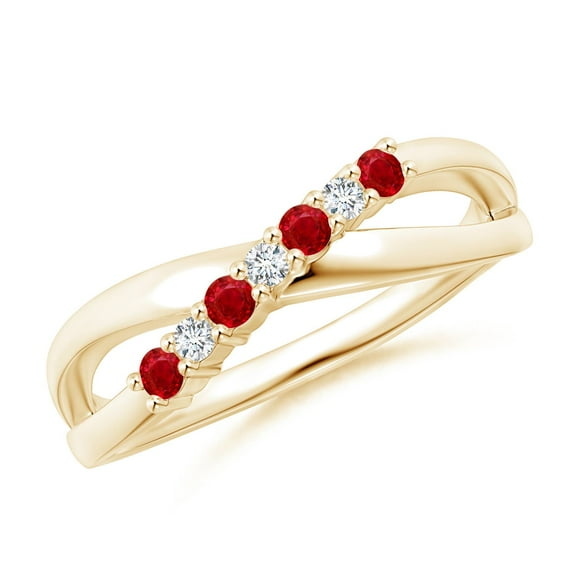 ANGARA Natural Round Ruby and Diamond Crossover Ring in 14K Yellow Gold for Women (Size-2mm) | July Birthstone, Birthday, Anniversary, Jewelry Gift for Women | Natural Ruby Ring