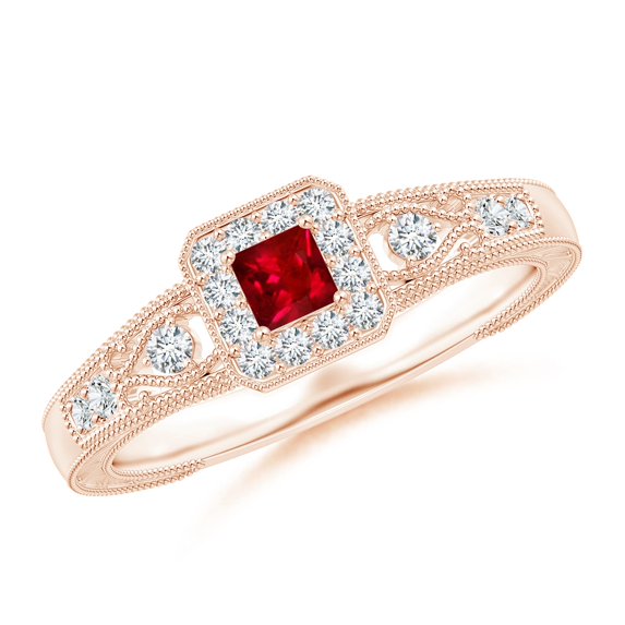 ANGARA Natural Aeon Square Ruby & Diamond Engagement Ring with Milgrain in 14K Rose Gold for Women (Size-3mm) | July Birthstone, Anniversary, Jewelry Gift for Women | Natural Ruby Ring