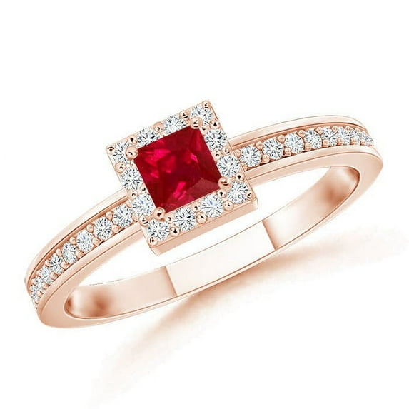 Angara Natural 0.2 Ct. Ruby with Diamond Halo Ring in 14K Rose Gold for Women (Ring Size: 3.5)
